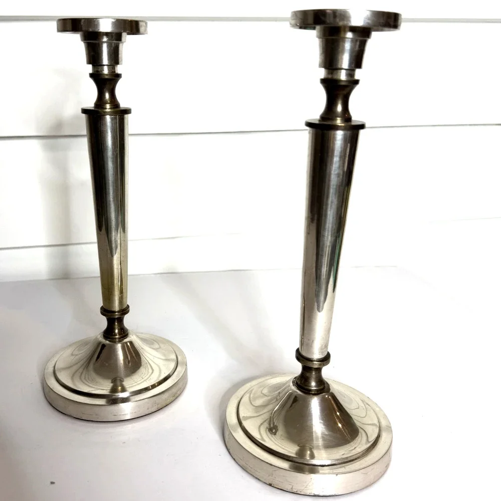 Restoration Hardware Northend Taper Pair of 2 Silver Brass Candle Stick Holders